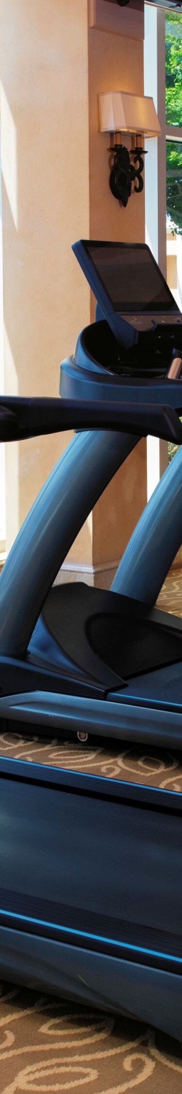 6 treadmills in front of windows.