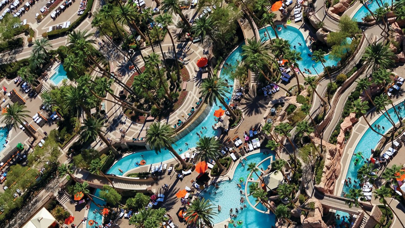 Aerial view of pools, lazy river