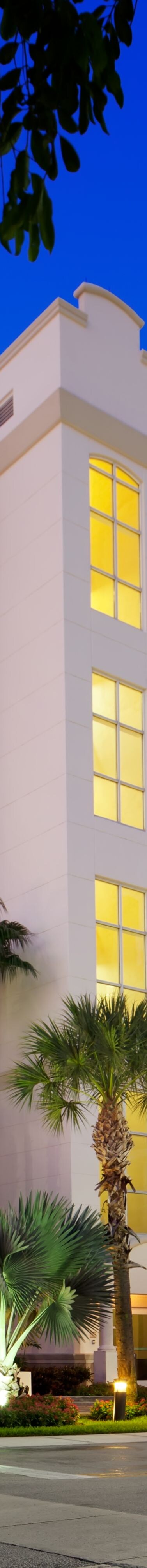 Hotel exterior at dusk