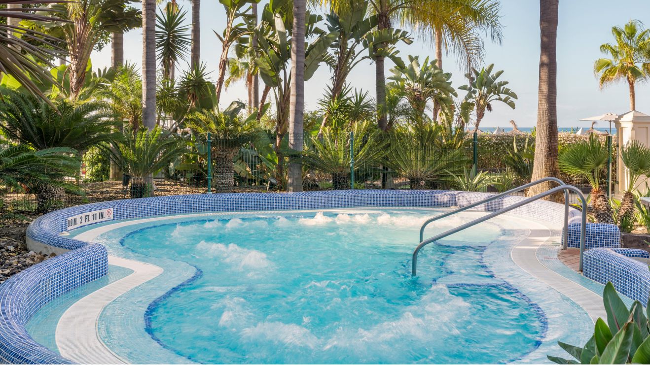 hot tub with palm trees next to beach