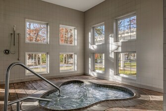 Indoor spa with windows overlooking trees.