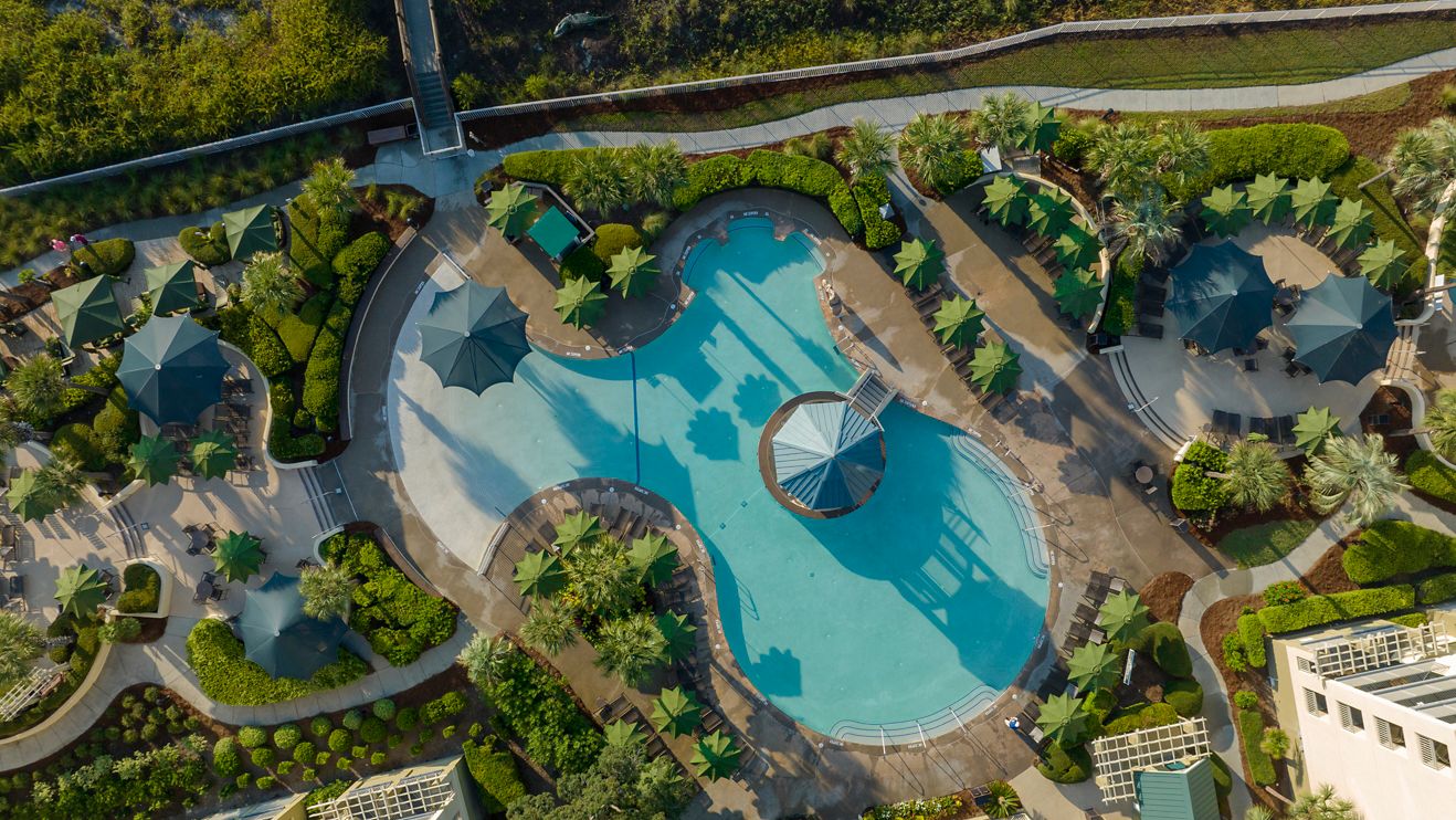 Aerial view of pools and lounge chairs