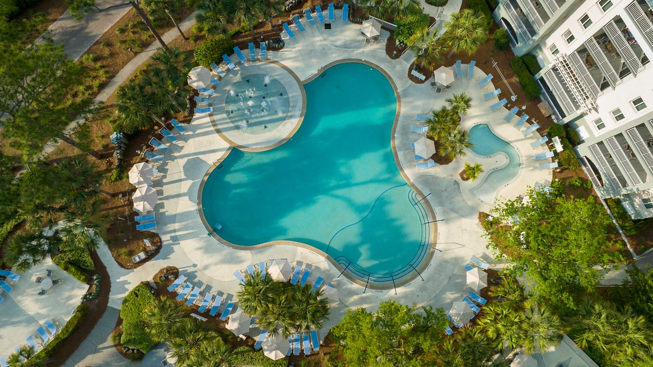 Aerial view of pools and lounge chairs