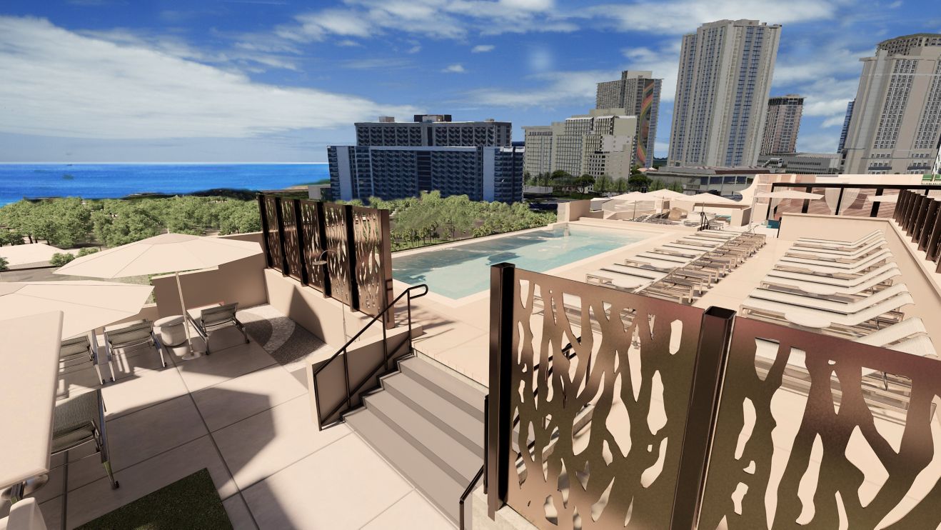 Rooftop pool, loungers with city skyline