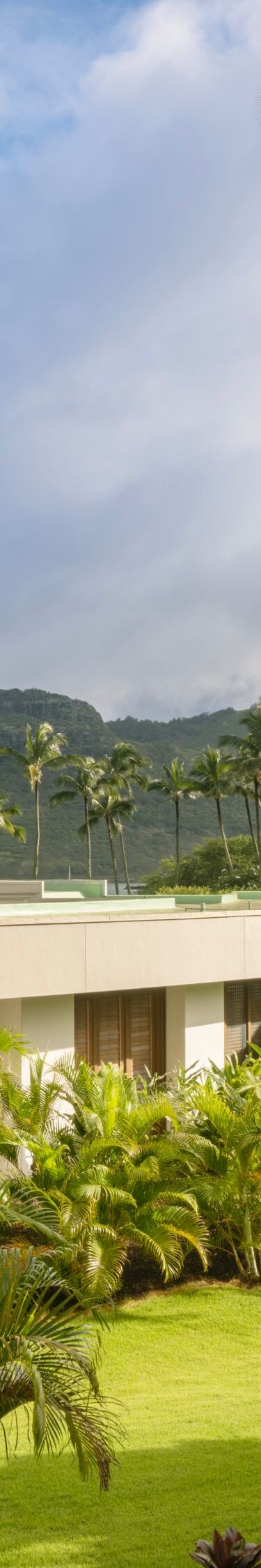 Lush foliage, palms trees and resort exterior