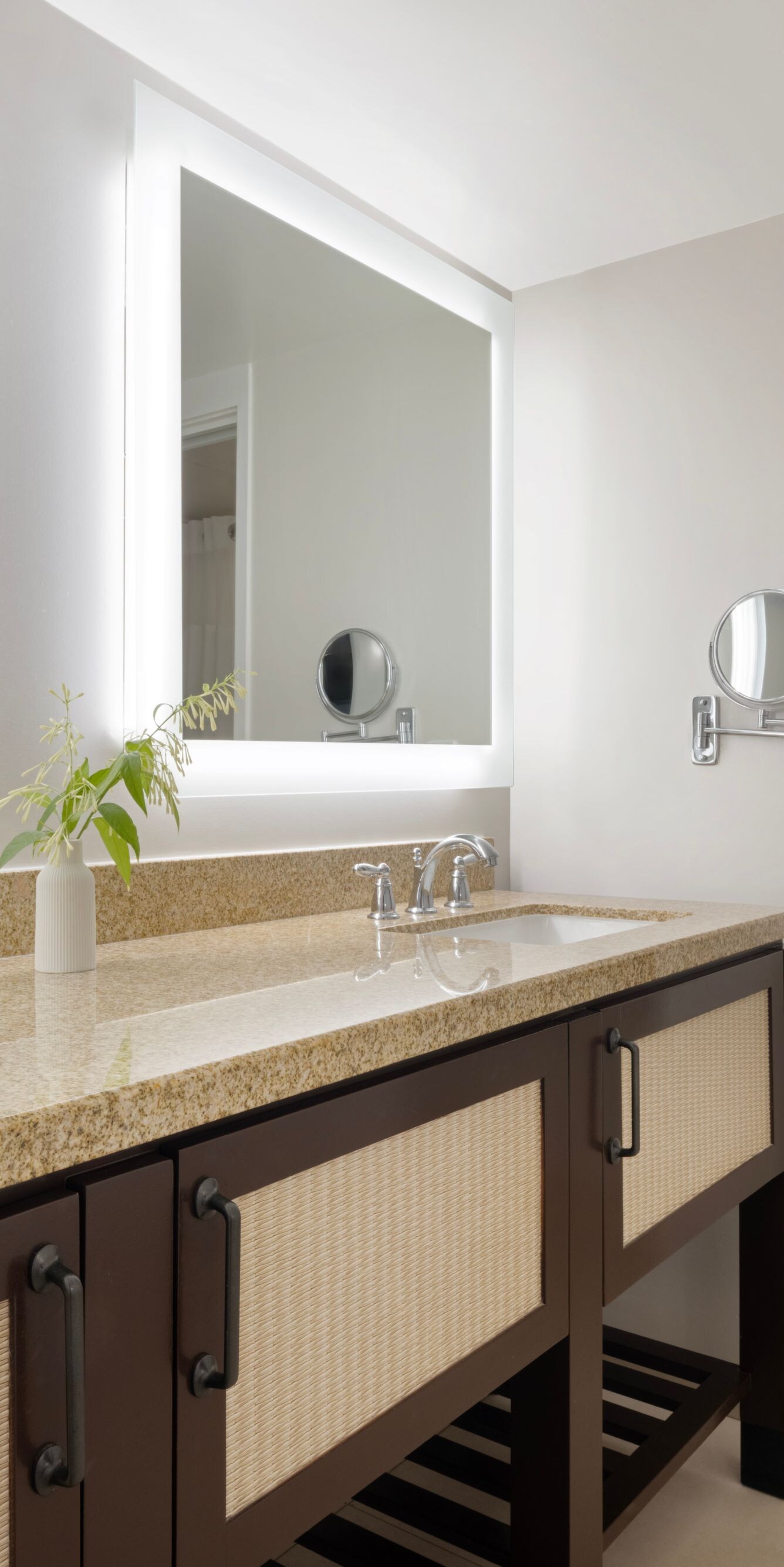 Shower, tub and vanity with two sinks
