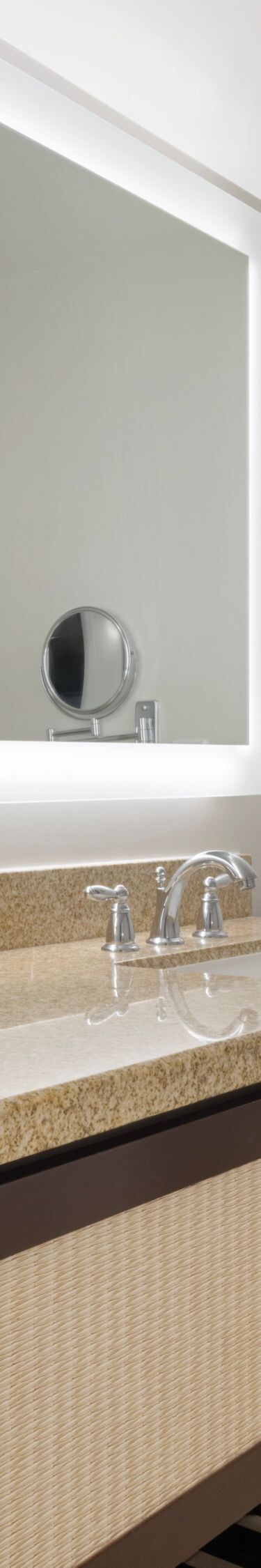 Shower, tub and vanity with two sinks