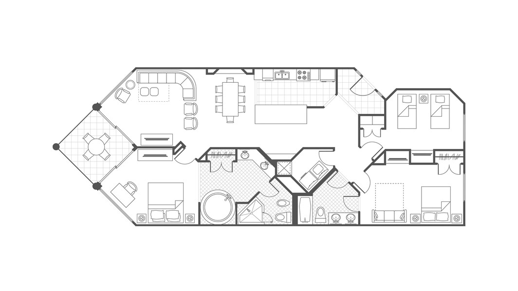 Plano de planta de la villa de tres dormitorios