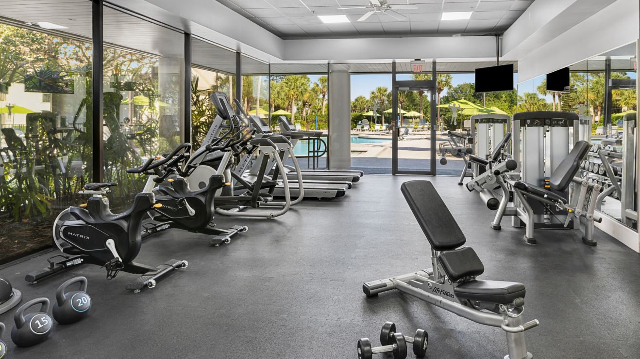 Fitness center with treadmills, bikes, weights
