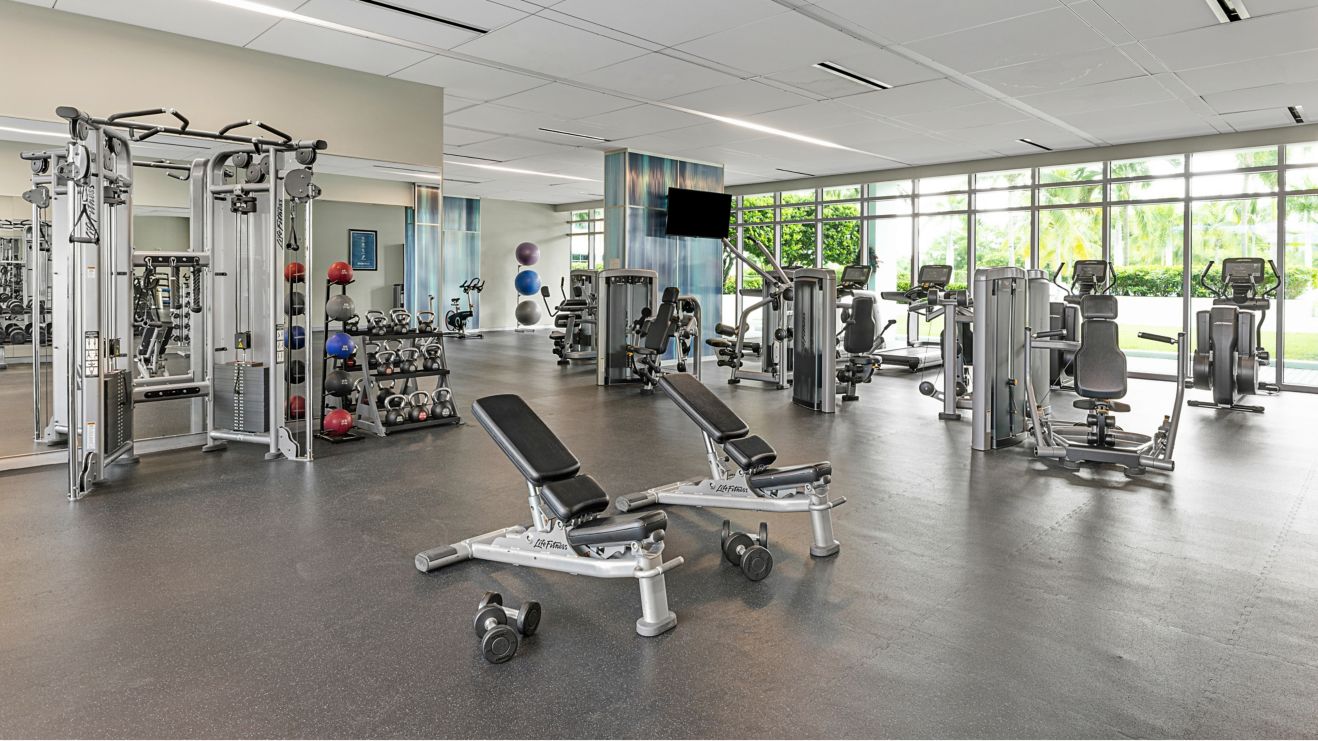 Gym with treadmills, bikes, weights 