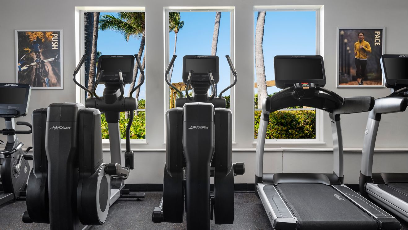 Gym with treadmills, ellipticals, bike 