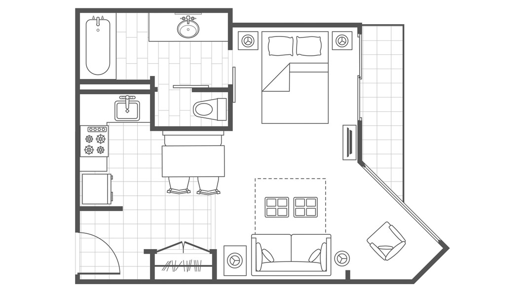 Studio floorplan with 1 bed and 1 bathroom