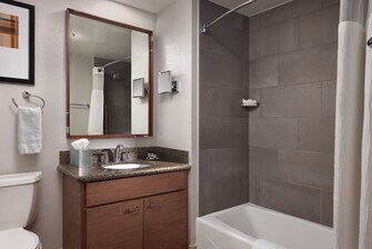 Bathroom with shower/tub combination.