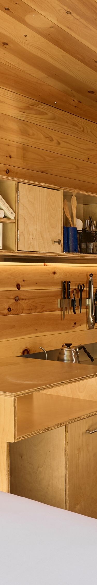 Cabin with kitchenette, dining table, bed