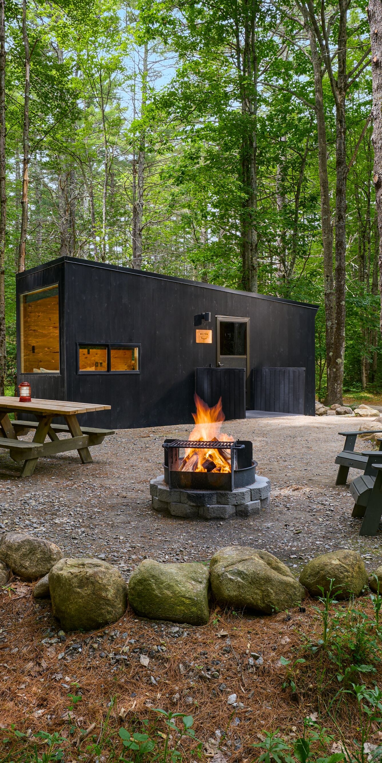 ADA Cabin Exterior Fire Pit Chairs Picnic Table