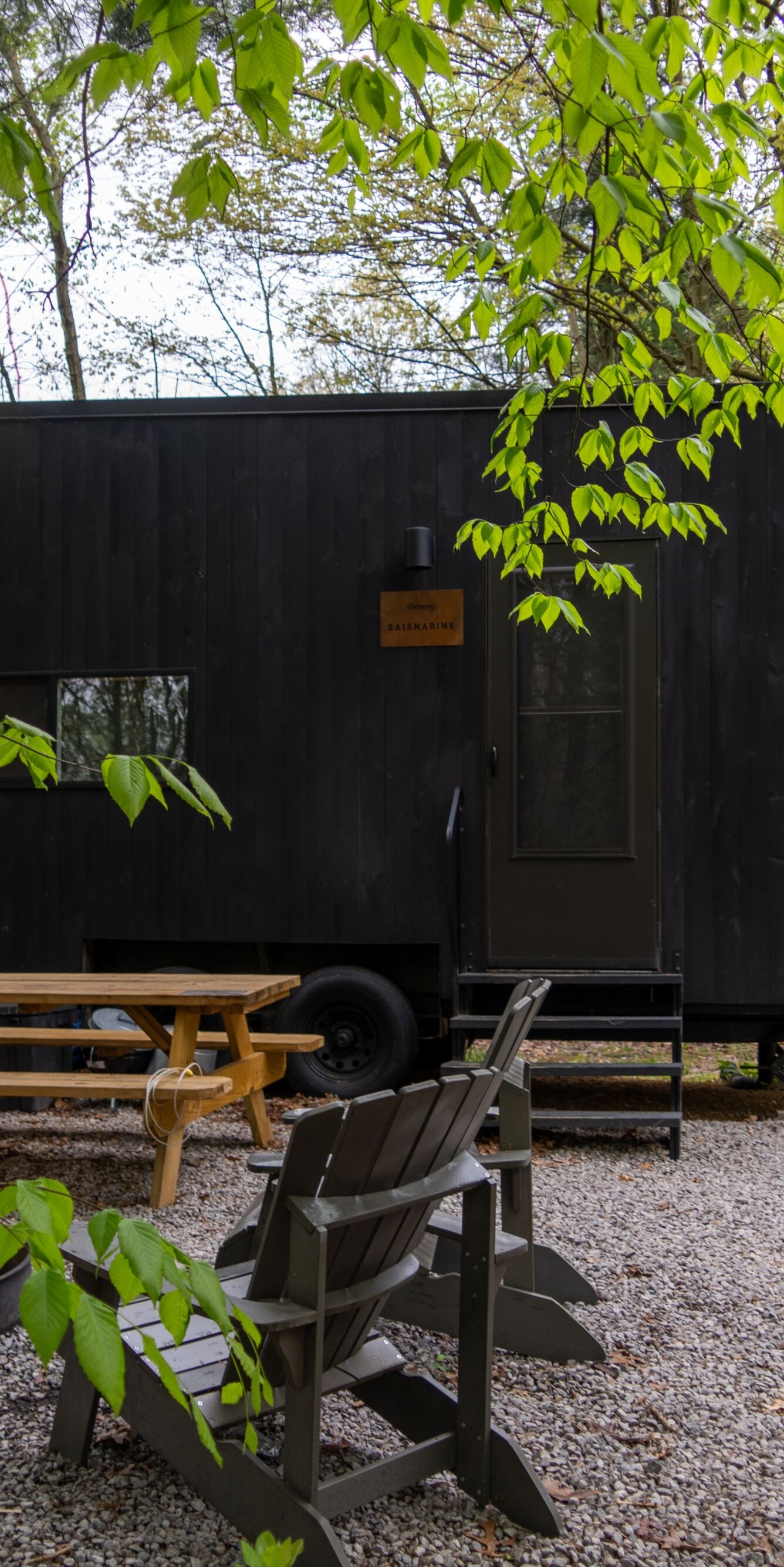 exterior view of cabin surrounded by trees