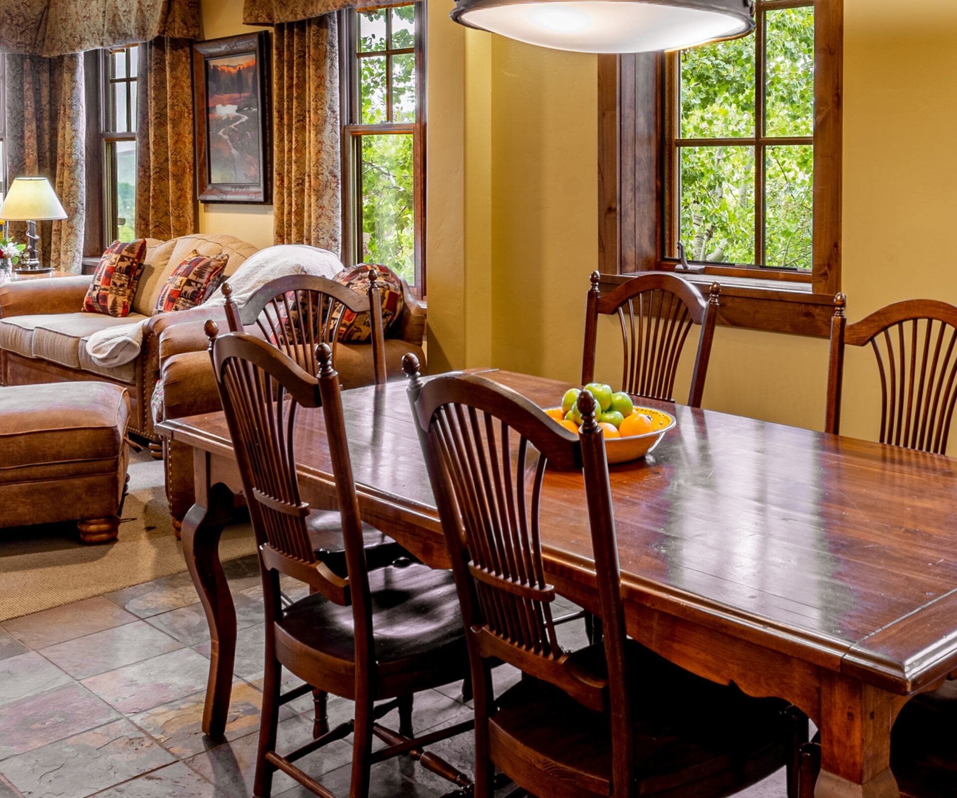 Dining area with table, chairs, living room 