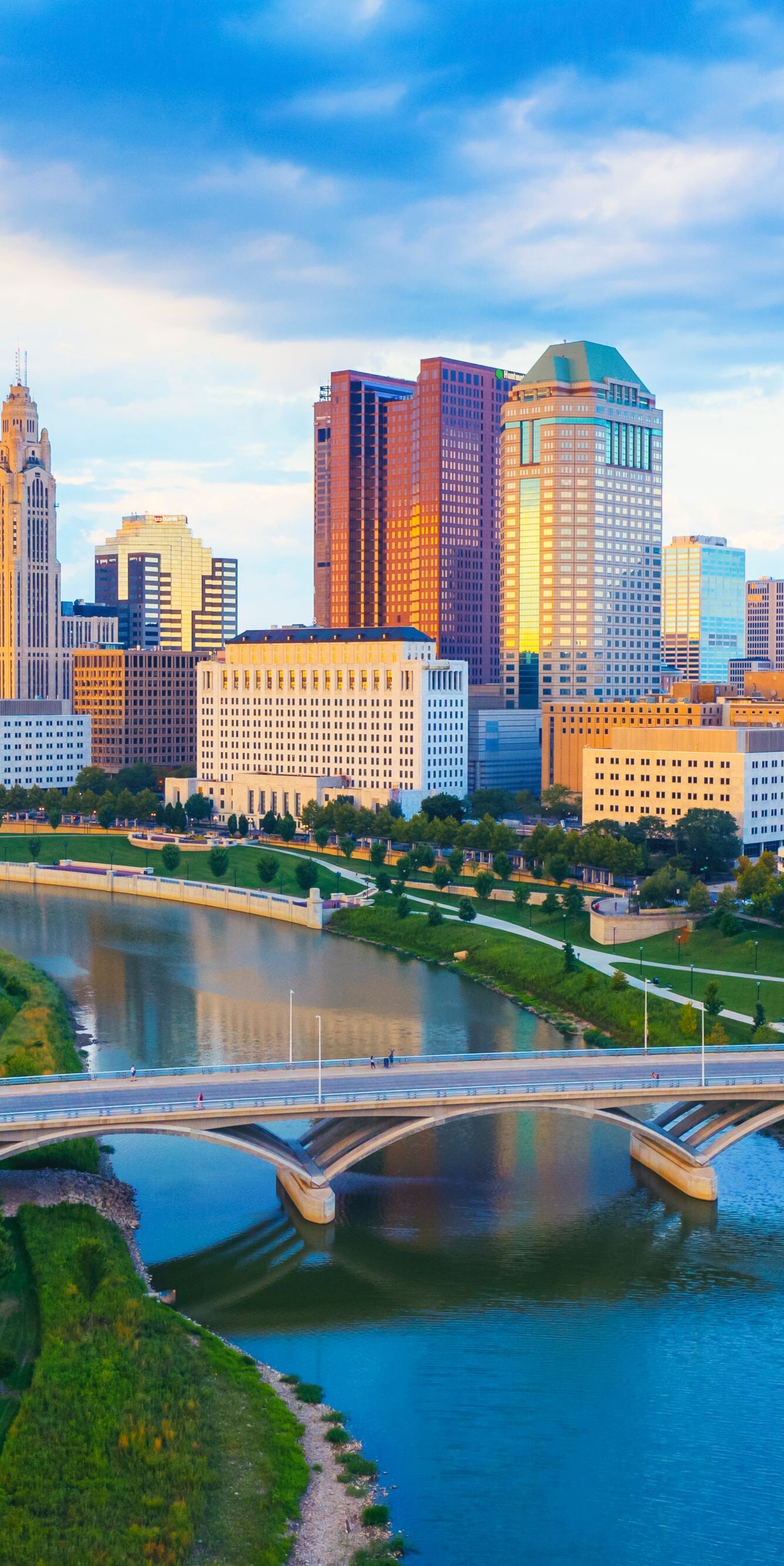 Aerial view of Downtown Columbus Ohio with Scioto 