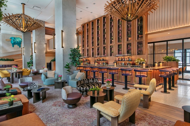 Unique lobby with full bar and funky seating 