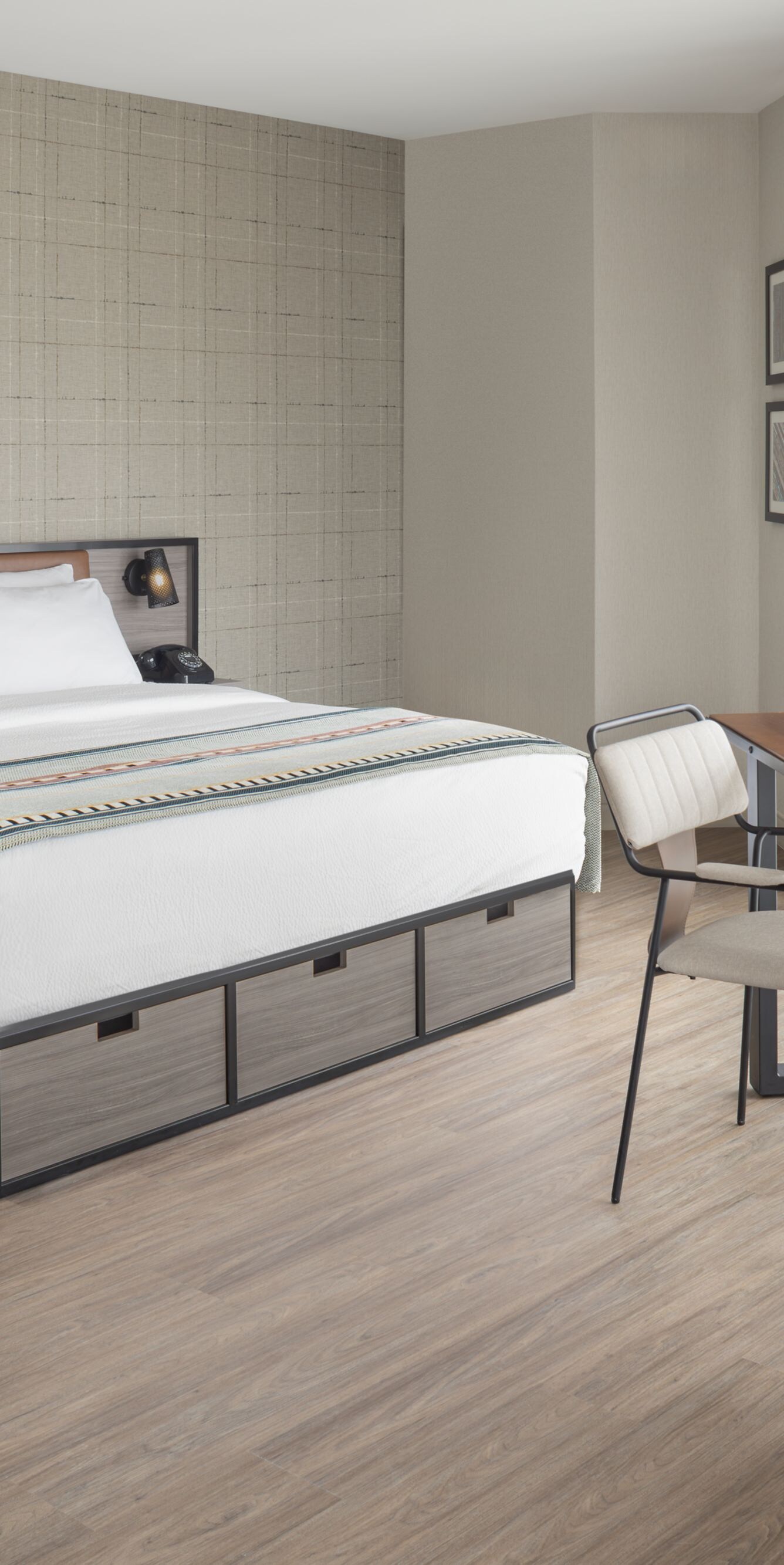 King bed and workspace