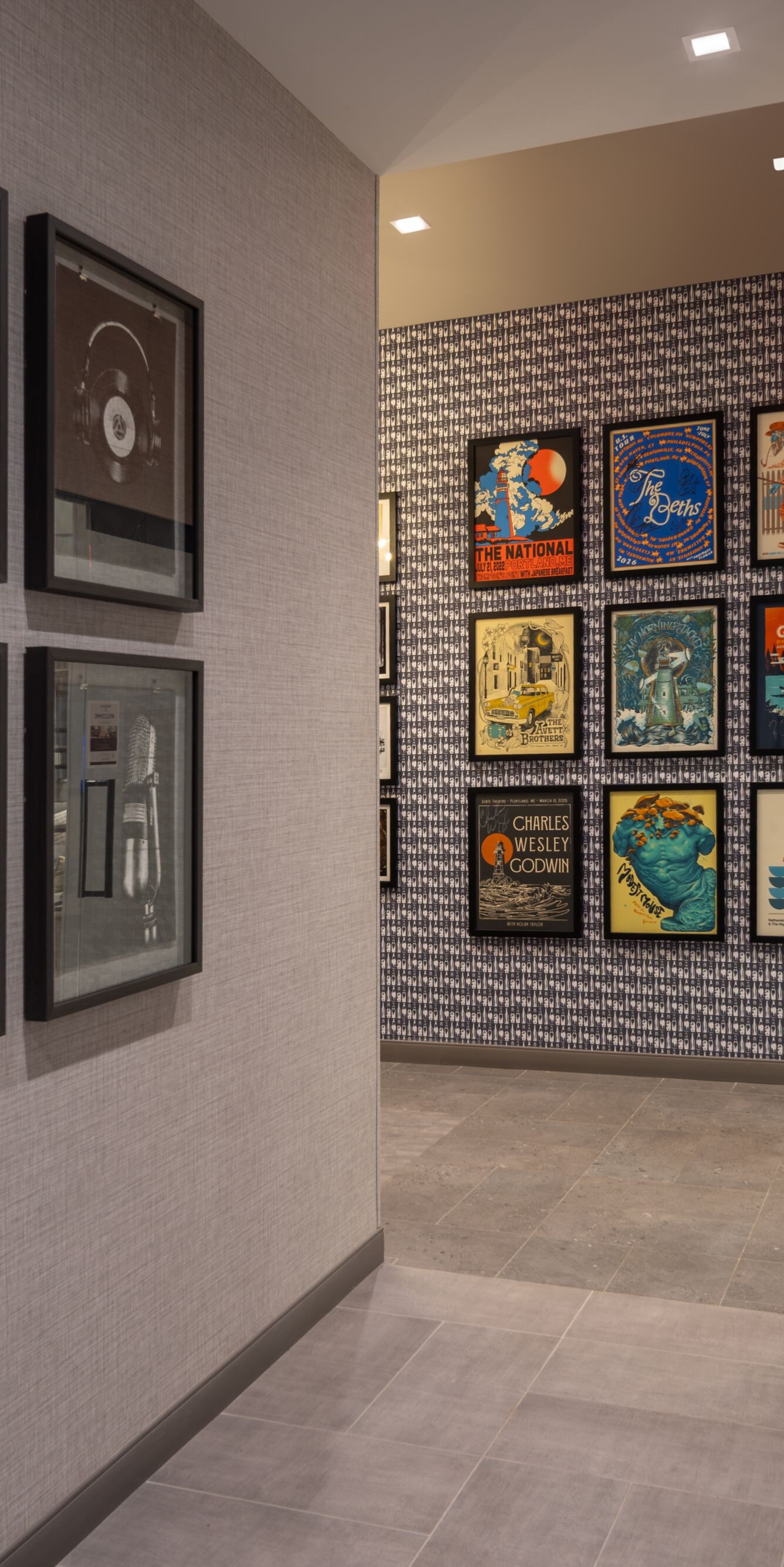 Local artwork hung on hallway walls