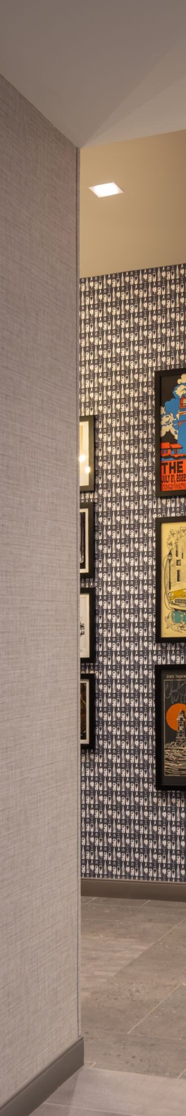 Local artwork hung on hallway walls