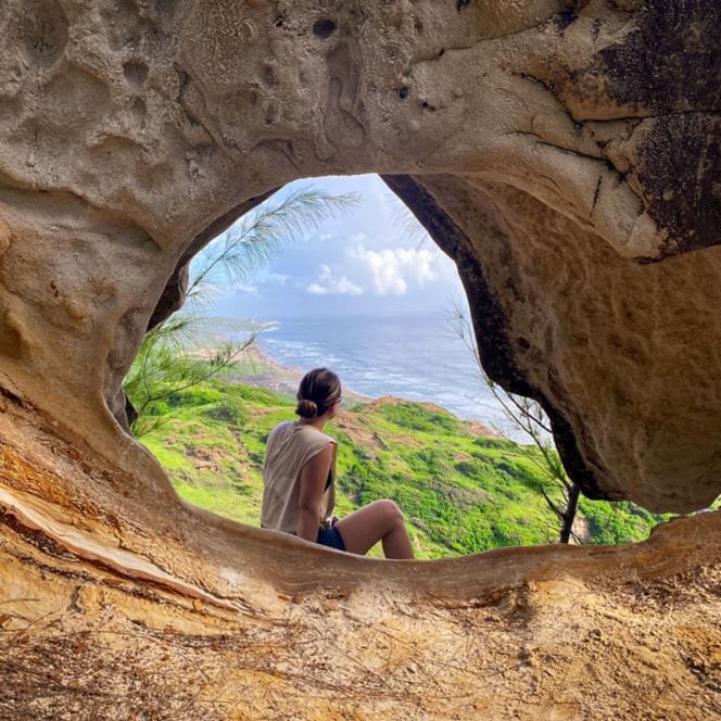 A person viewing ocean from a high point