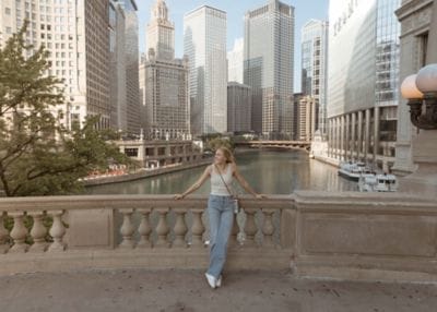 Standing on bridge overlooking downtown Chicago.