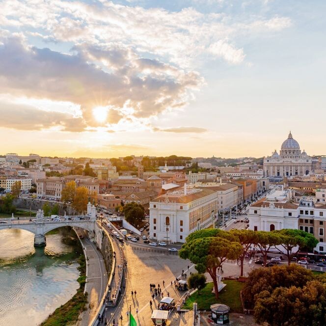 An aerial view of the Tiber River at sunset