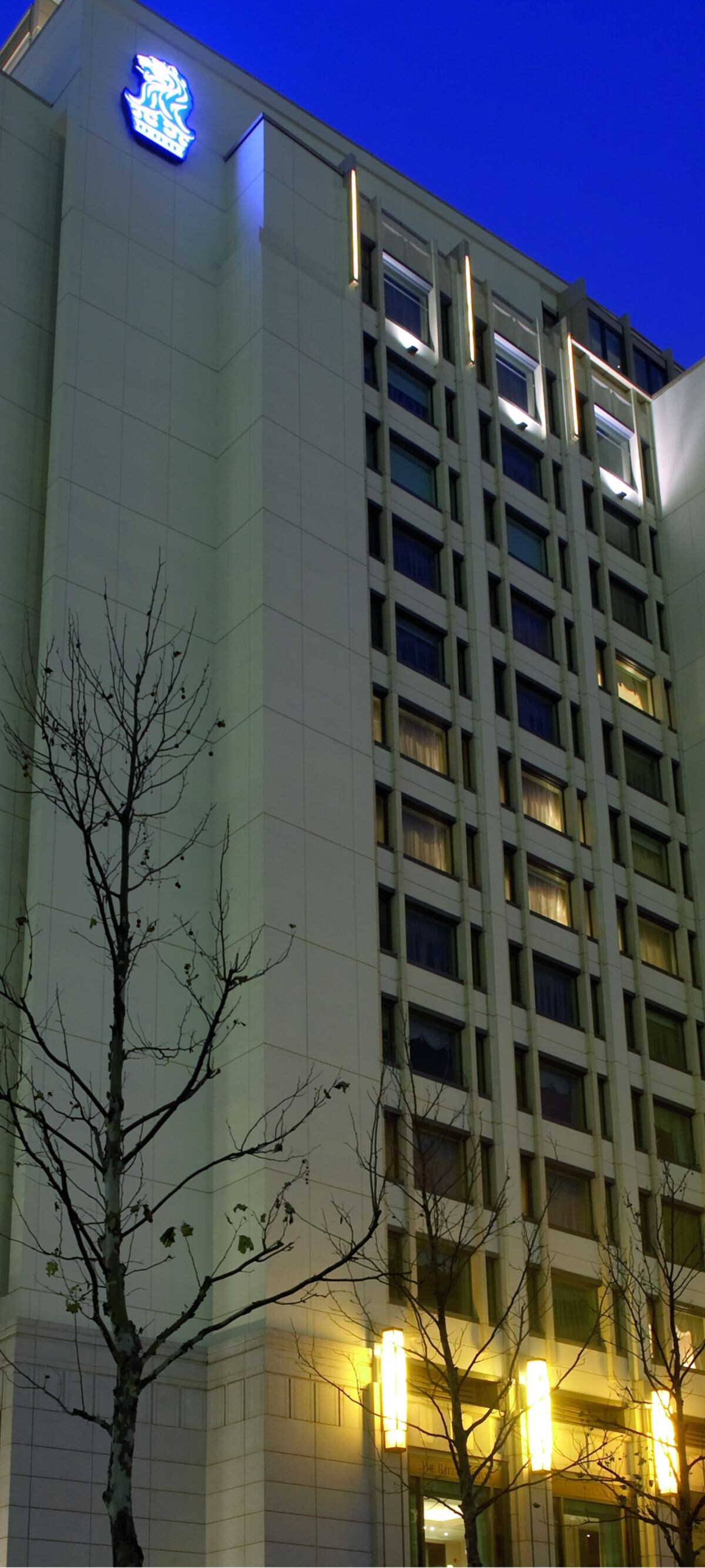 Looking up at a large building