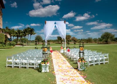 A tulle-decorated arch stands at the end of a flower-strewn aisle with chairs on either side