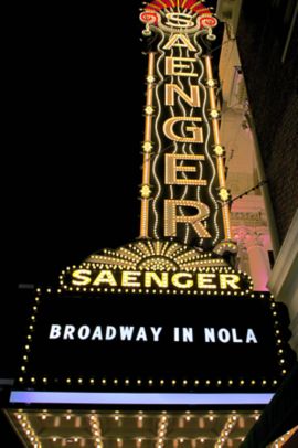 Theater sign lit at night