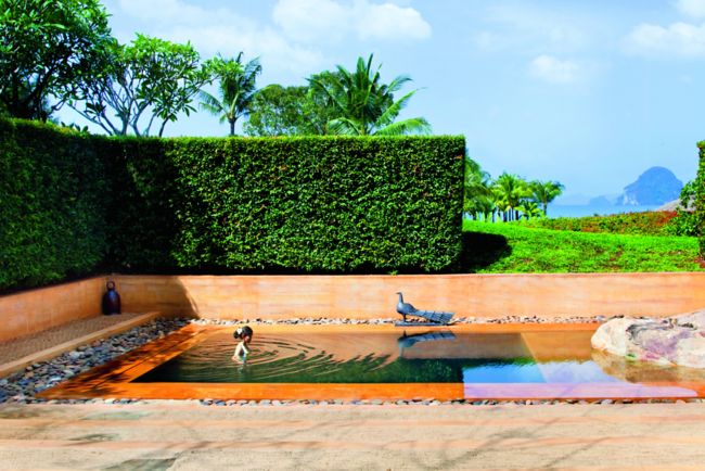 A hedge wall surrounds a square private plunge pool, stopping short to reveal an ocean view