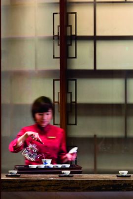 Woman pouring tea at a wood counter with tea cups spaced evenly across it