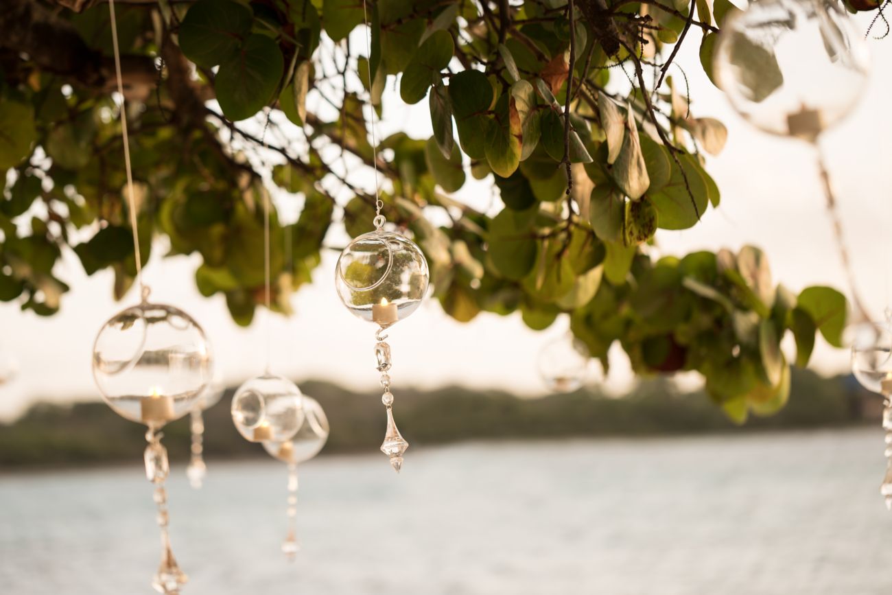 Strings of glass balls hang from a tree