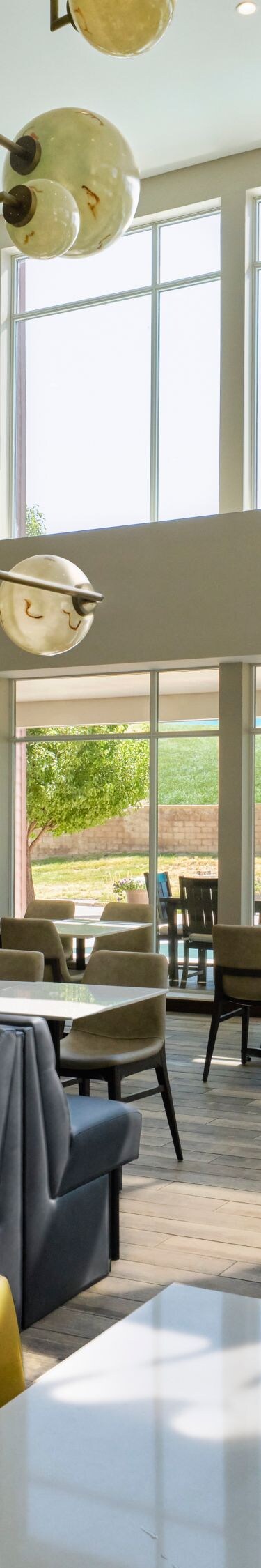 Hotel dining area with large windows