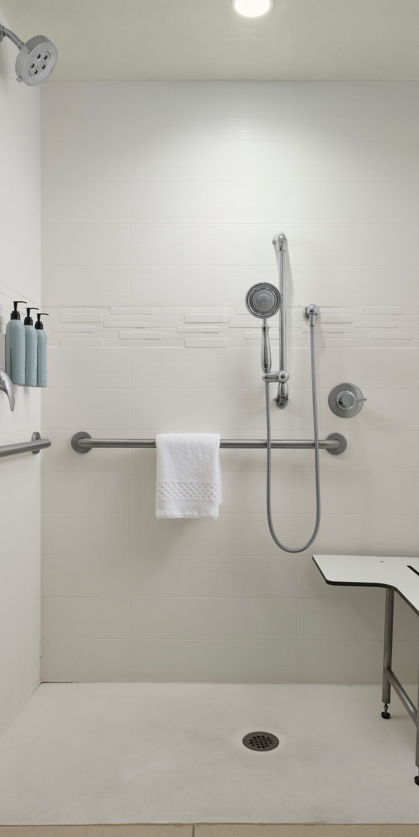 Accessible roll-in shower with grab bars