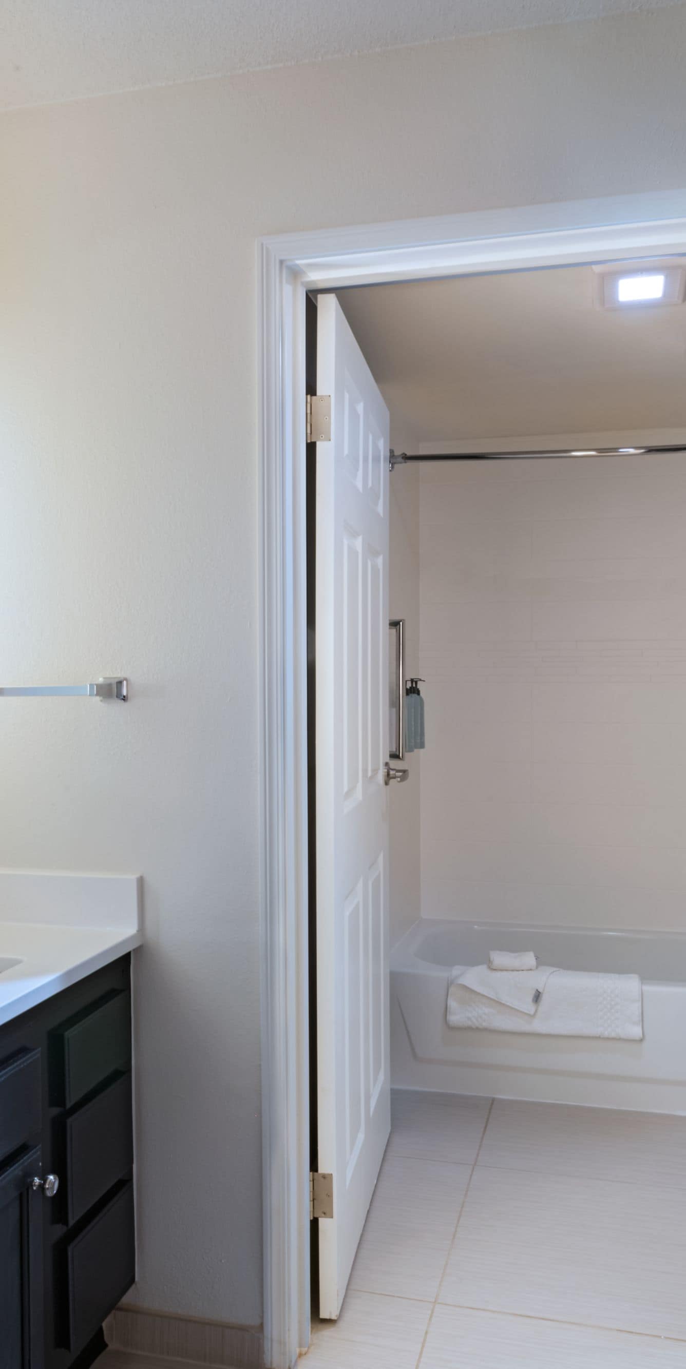 Suite bathroom vanity and shower tub