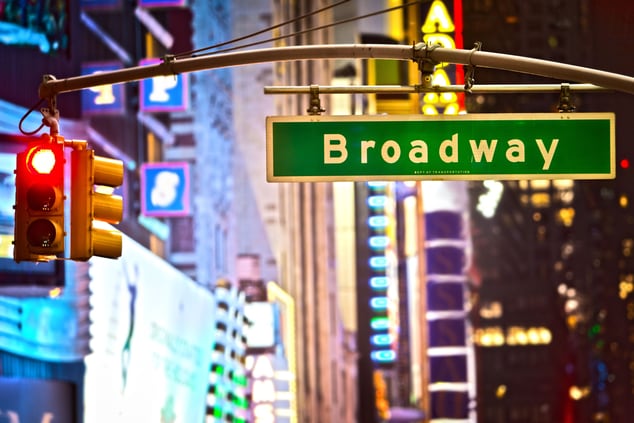 Evening view of NYC and Broadway sign