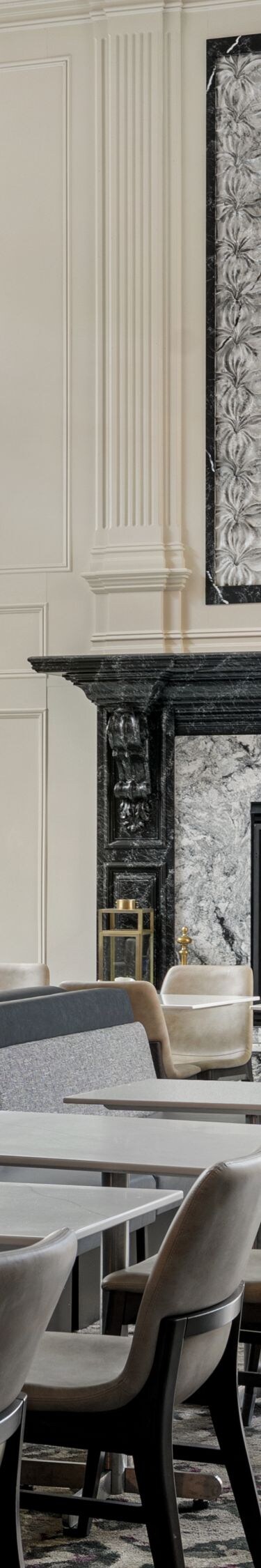 Seating area for breakfast in lobby with fireplace