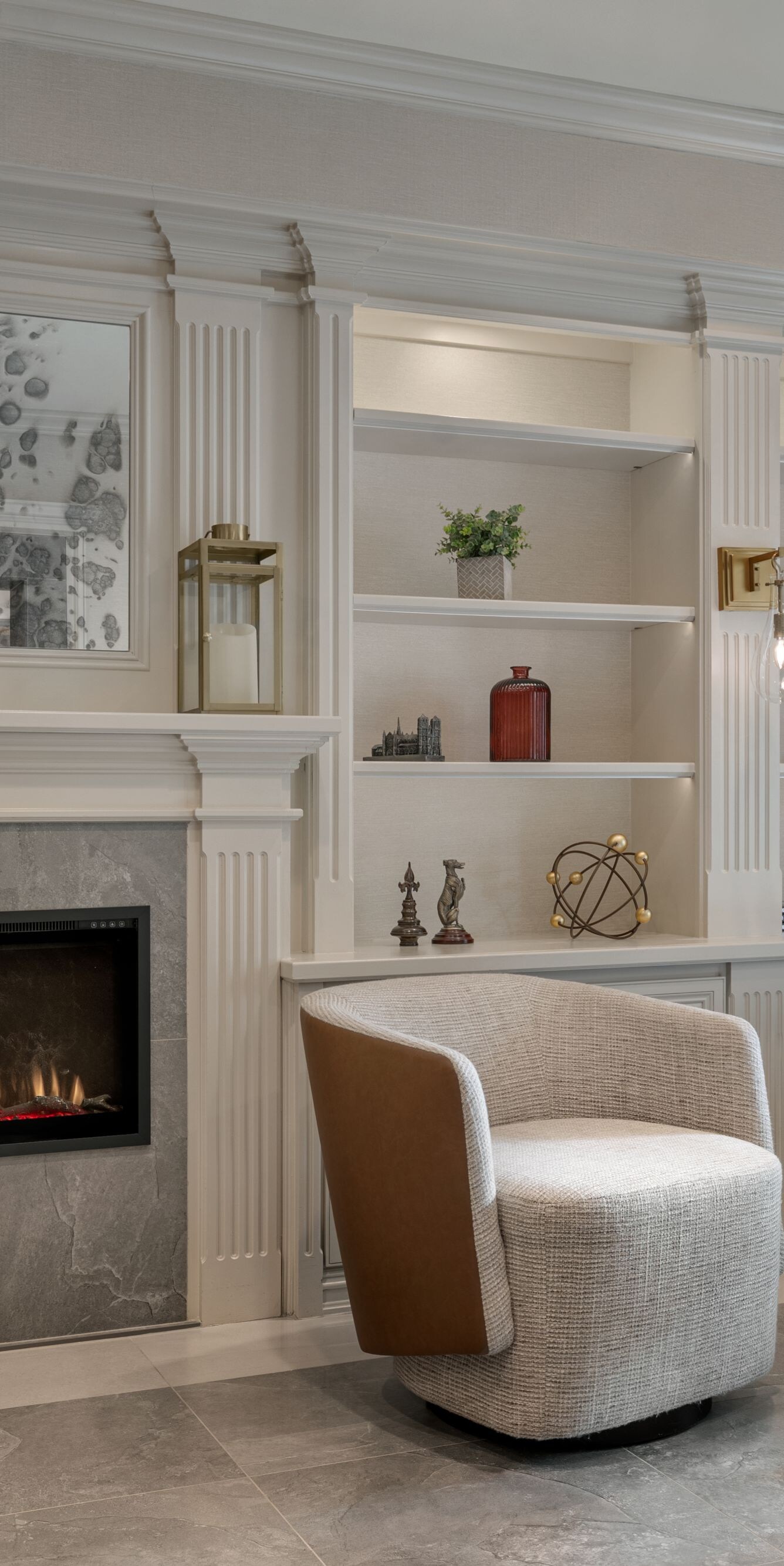 Seating in hotel lobby with fireplace and accents