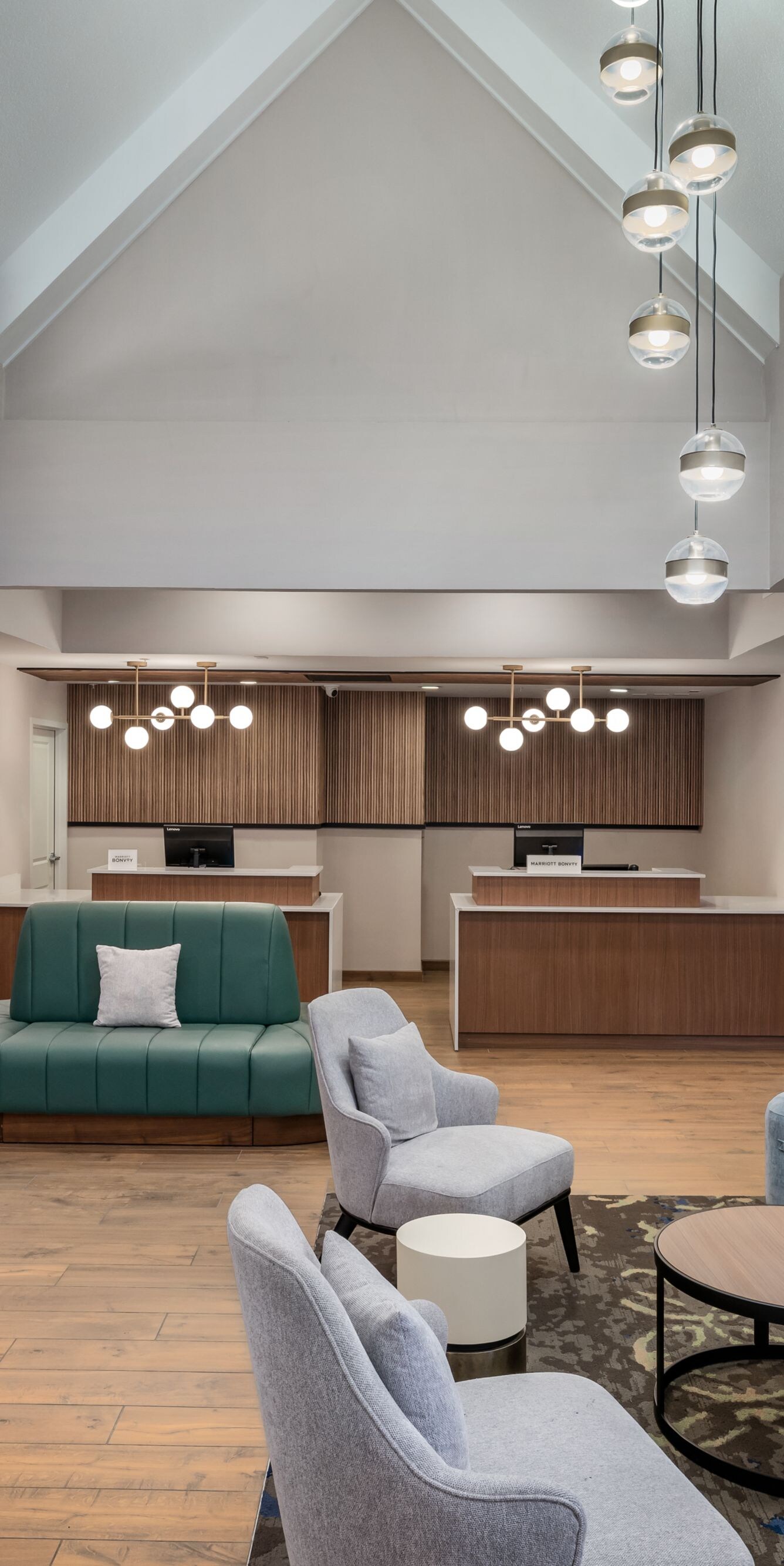 Lobby seating are with TV and fireplace