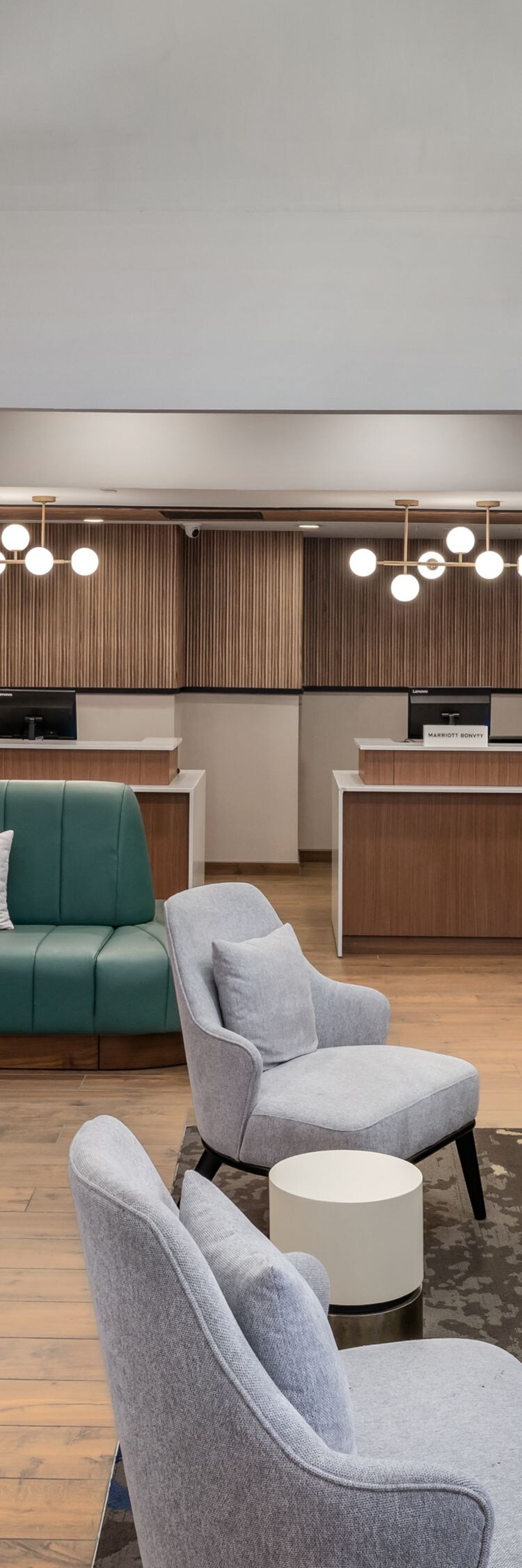 Lobby seating are with TV and fireplace