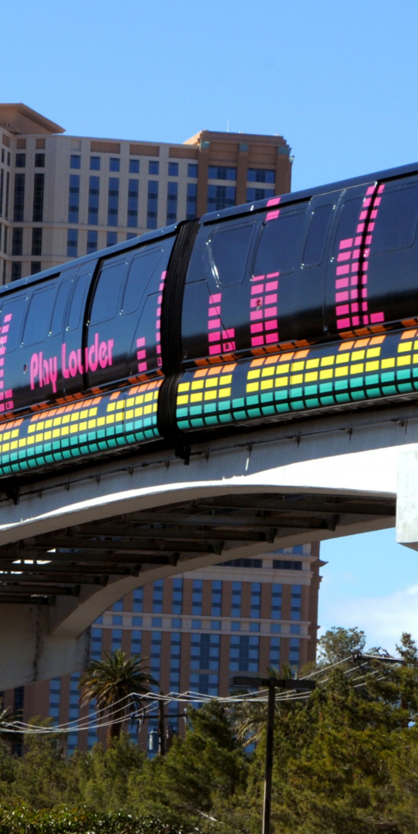 The four-mile transportation system travels along the east side of the Strip with stops at the following locations: Las Vegas Hilton, Las Vegas Convention Center, Harrah's/Imperial Palace, the Flamingo/Caesars Palace and Bally's/Paris.