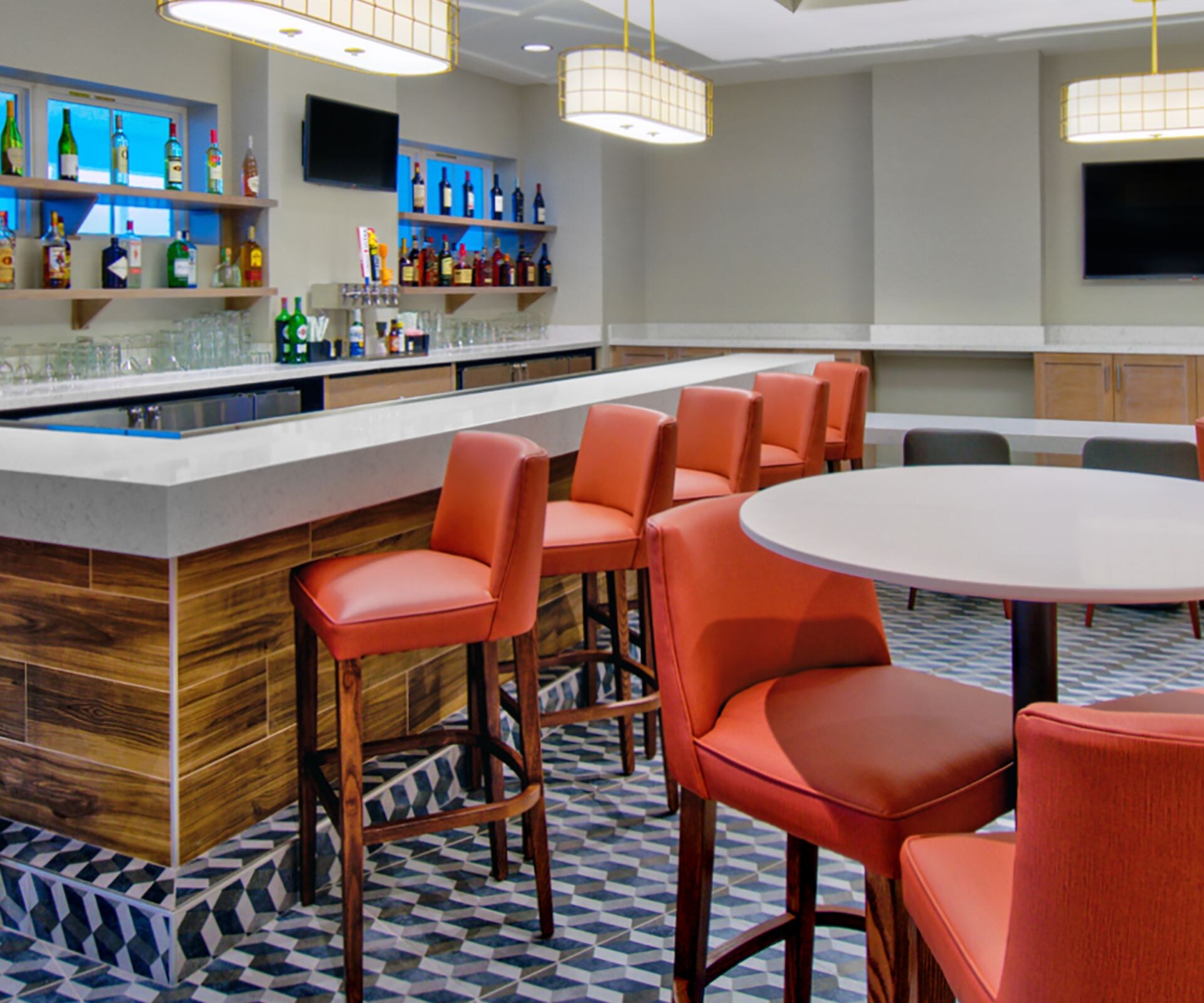 Bar, bar stools, tables and chairs