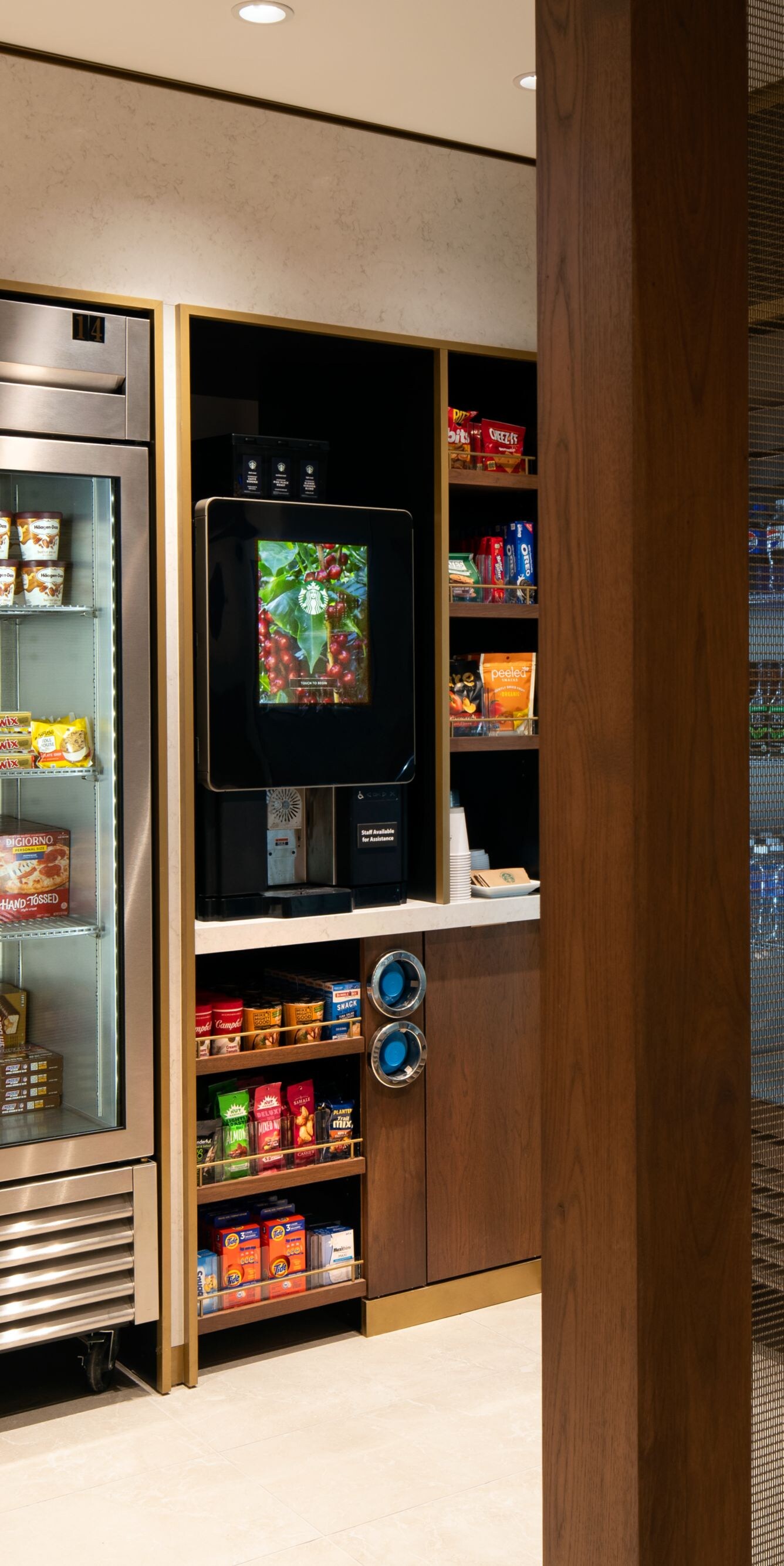 Snack shop with refrigerator and snack shelves