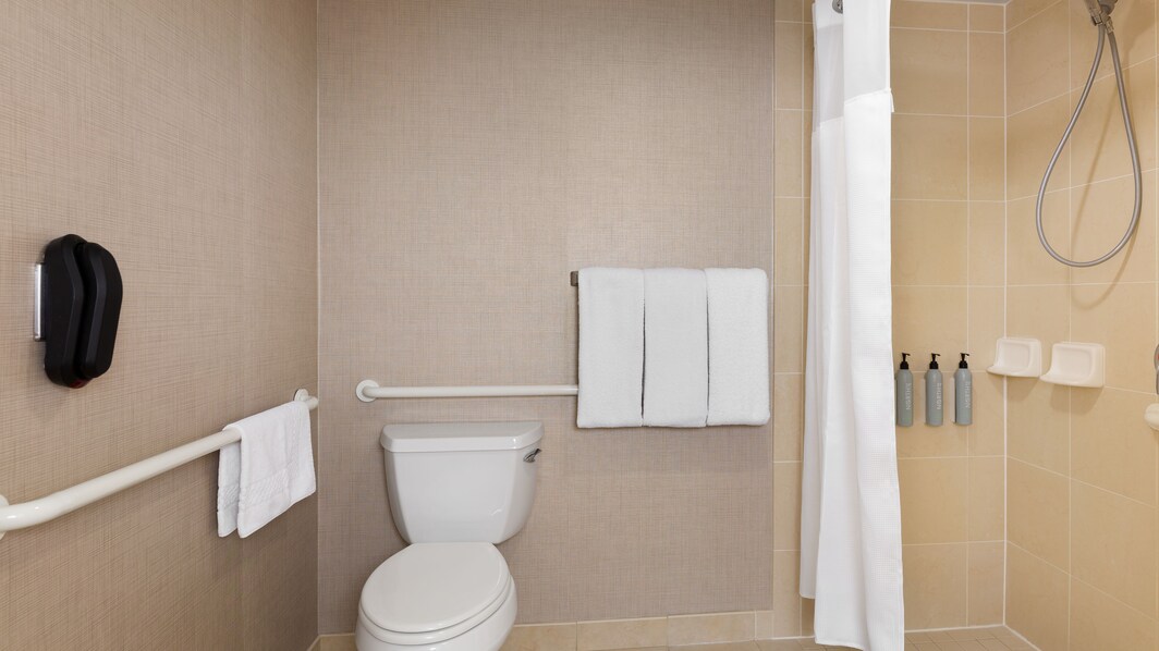 ADA Bathroom facilities with roll-in shower.