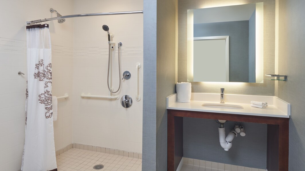 roll-in shower and wheelchair-accessible sink