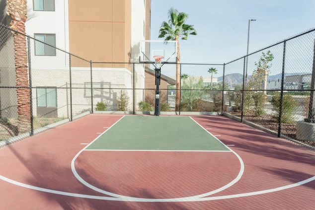 Outdoor basketball court, fencing and palm trees.