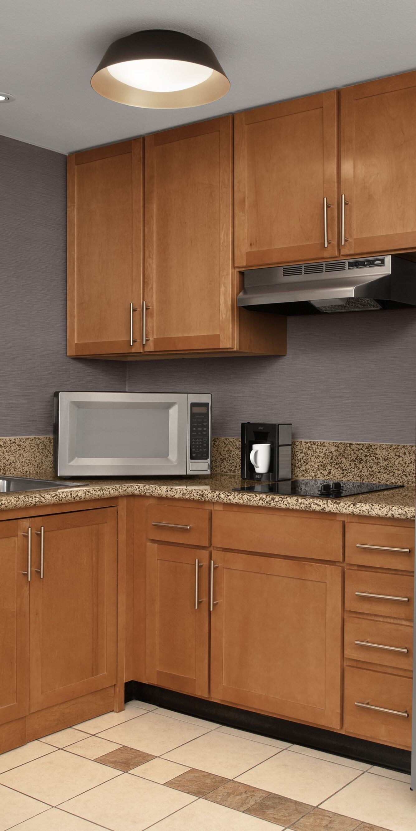 Kitchen with dishwasher, fridge, microwave